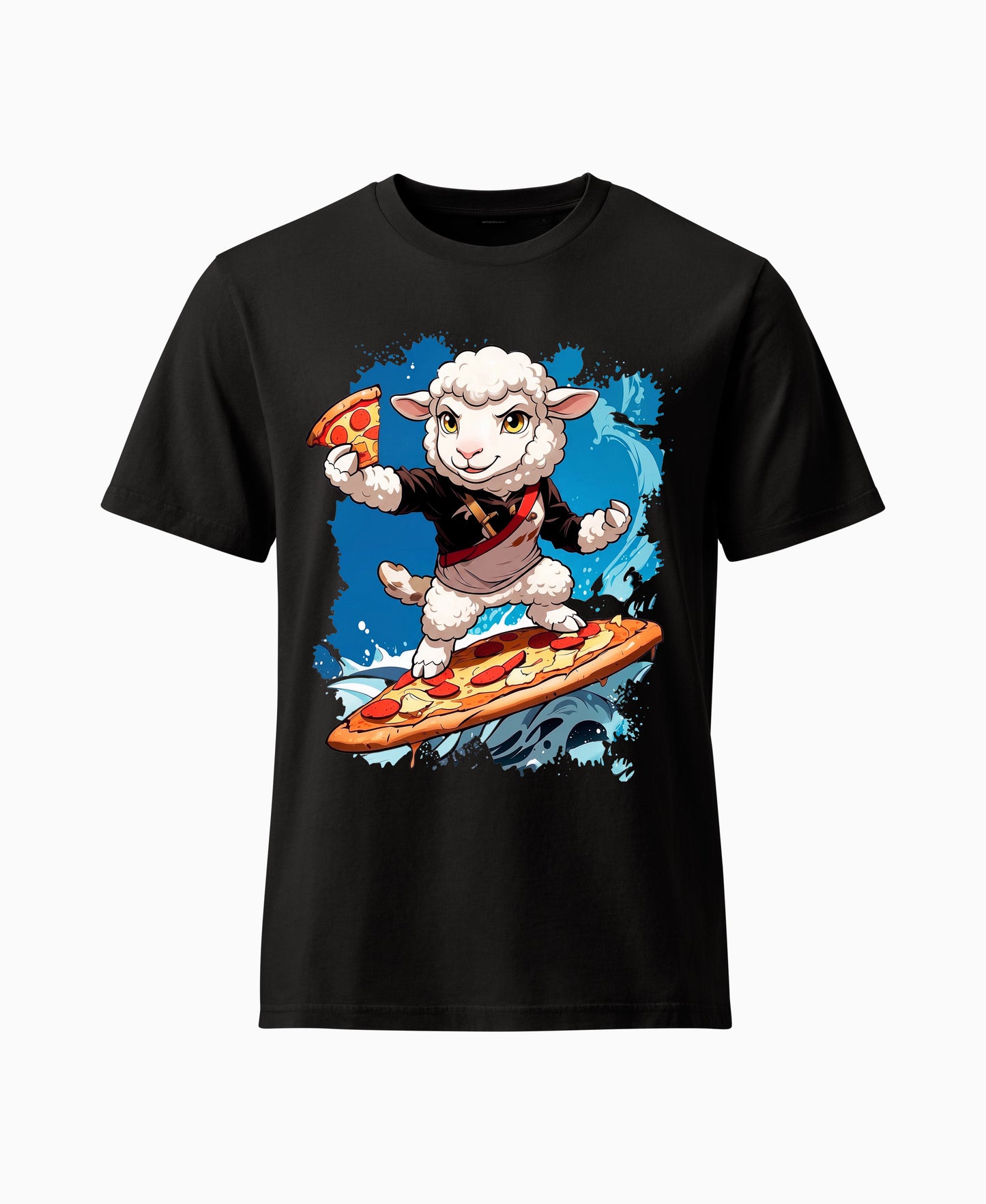SCHÄFF – Lustiges Schaf Pizza Surfer Bio T-Shirt in schwarz