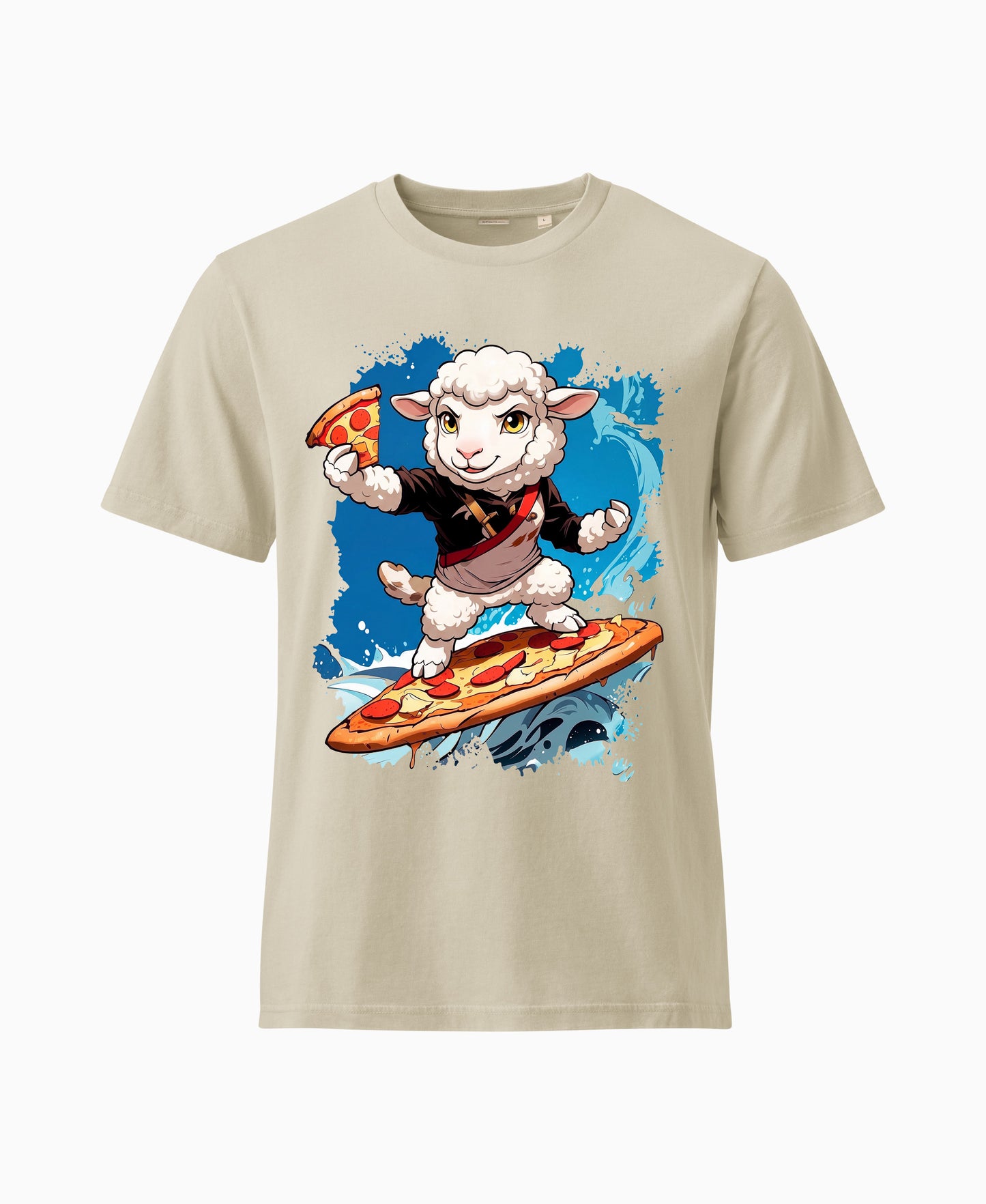 SCHÄFF – Lustiges Schaf Pizza Surfer Bio T-Shirt in Farbe Desert Dust