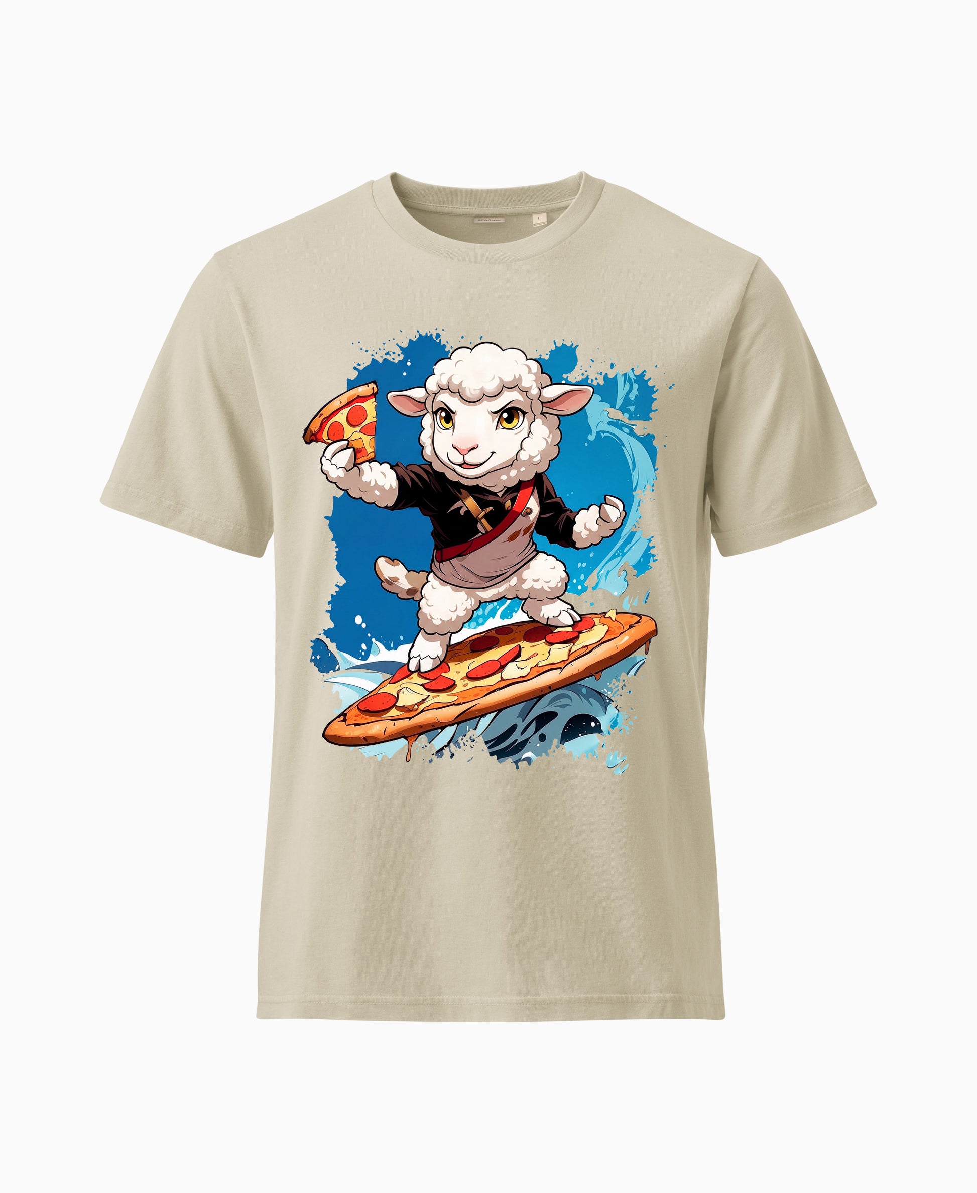 SCHÄFF – Lustiges Schaf Pizza Surfer Bio T-Shirt in Farbe Desert Dust