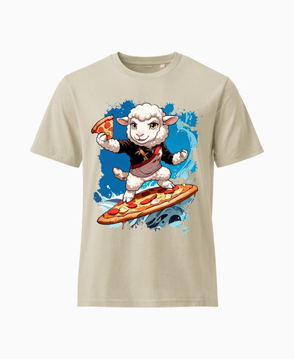 SCHÄFF – Lustiges Schaf Pizza Surfer Bio T-Shirt in Farbe Desert Dust