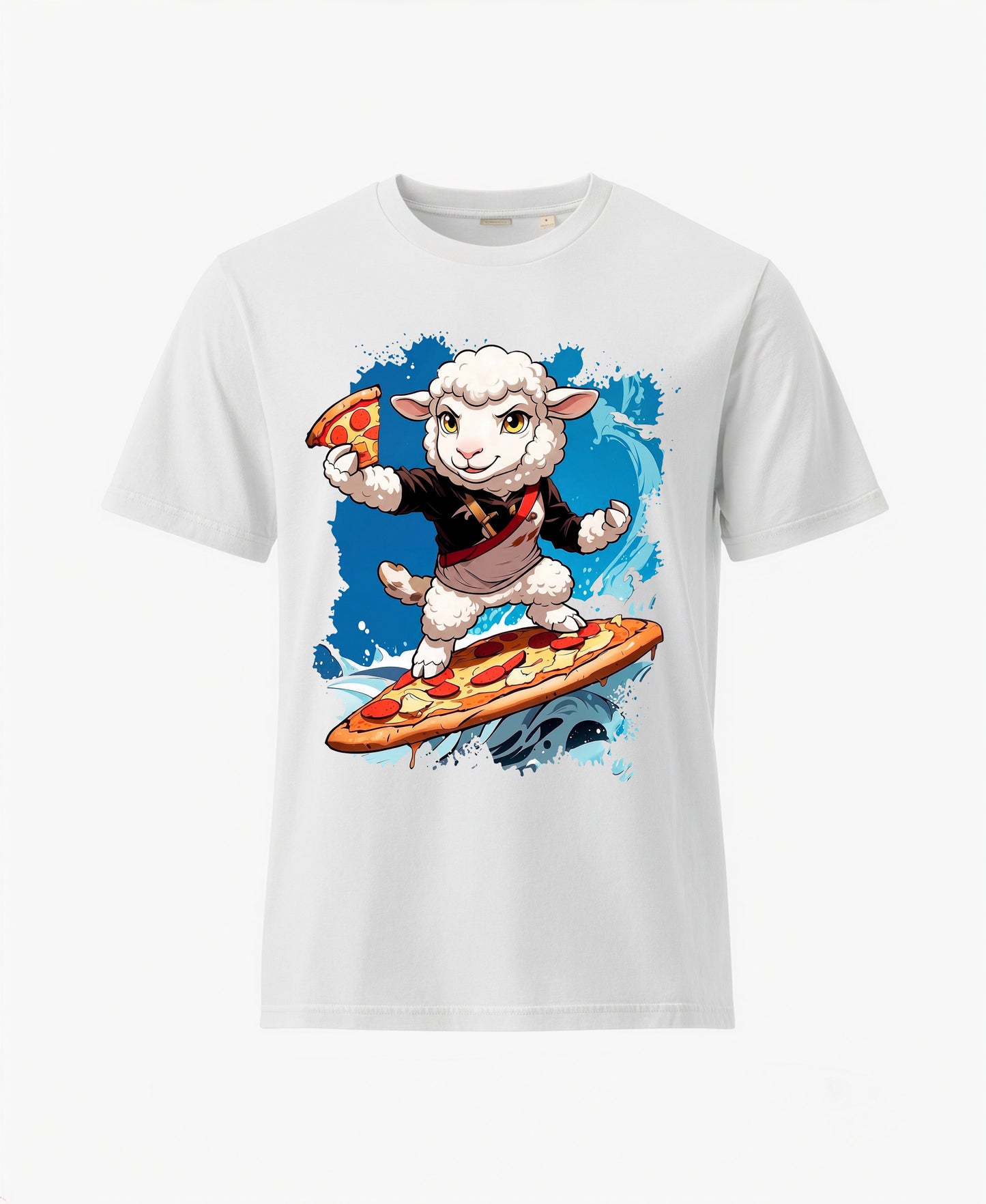 SCHÄFF – Lustiges Schaf Pizza Surfer Bio T-Shirt in Weiss