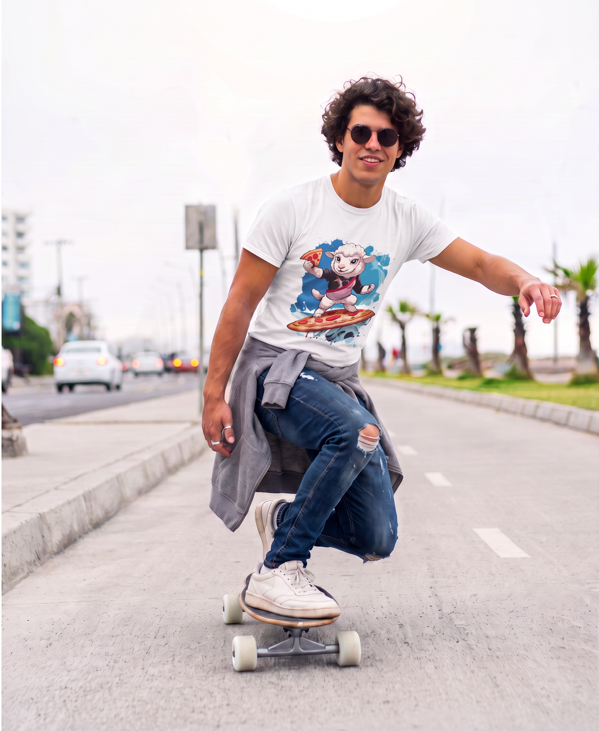 Mann fährt Skateboard und trägt ein weißes T-Shirt mit dem lustigen Surfing Sheep Pizza Lover Motiv von SCHÄFF.