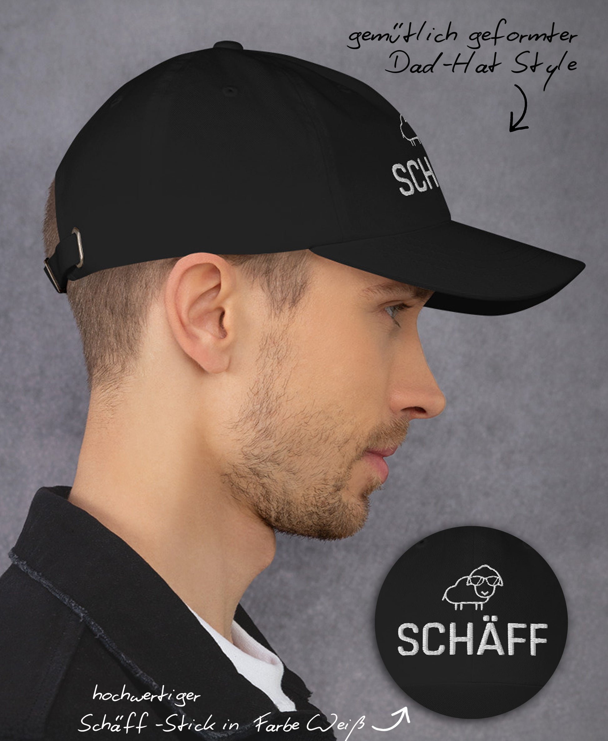 Mann mit schwarzer Schäff Dad-Hat in Seitenansicht; Cap mit hochwertigem SCHÄFF-Stick und gemütlicher Dad-Hat-Form.