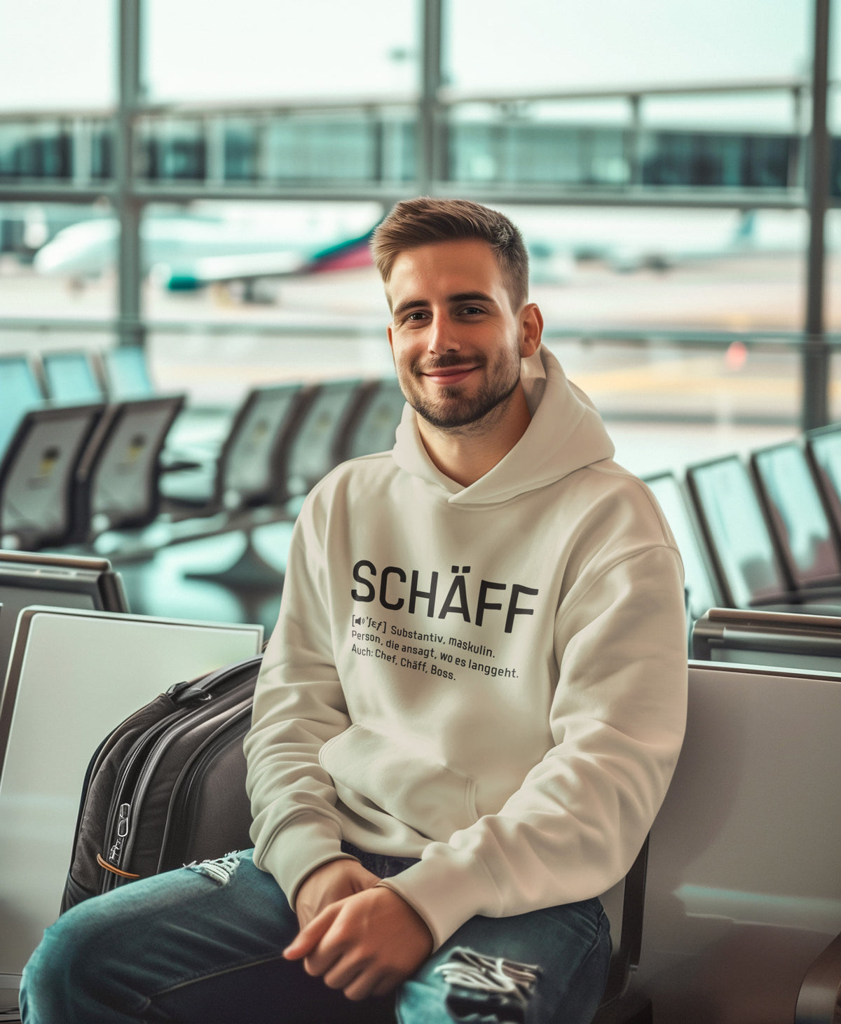 Lächelnder Mann im Warteraum eines Flughafens trägt SCHÄFF – Chef Definition Bio-Hoodie in der Farbe Desert Dust zur Jeans im Distressed Look