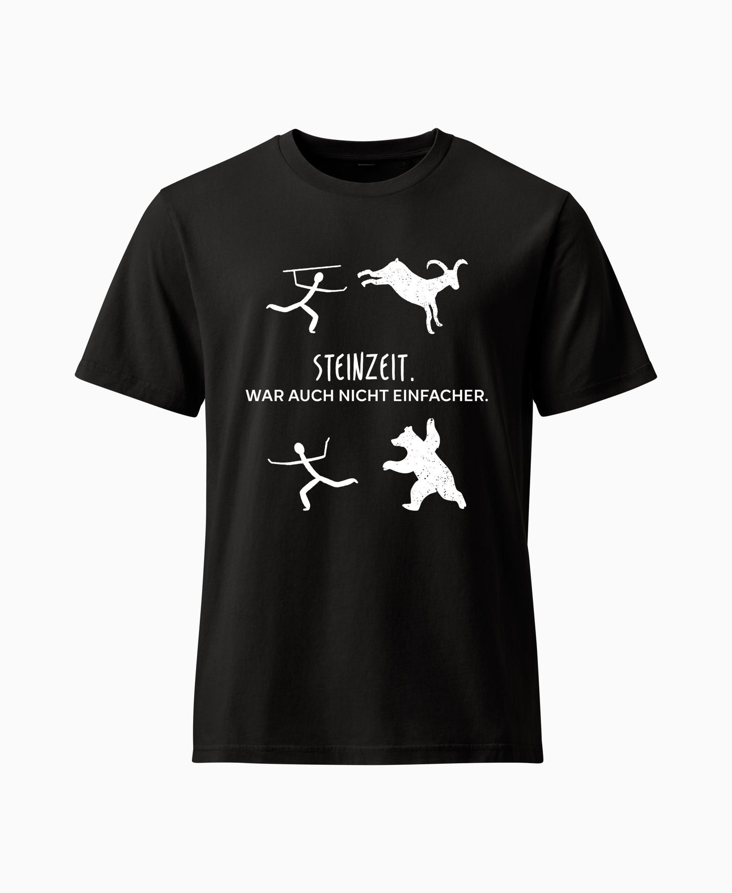 SCHÄFF Steinzeit war auch nicht einfacher Bio T-Shirt in Schwarz, mit lustigen Zeichnungen einer Höhlenmalerei
