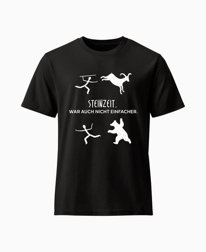 SCHÄFF Steinzeit war auch nicht einfacher Bio T-Shirt in Schwarz, mit lustigen Zeichnungen einer Höhlenmalerei