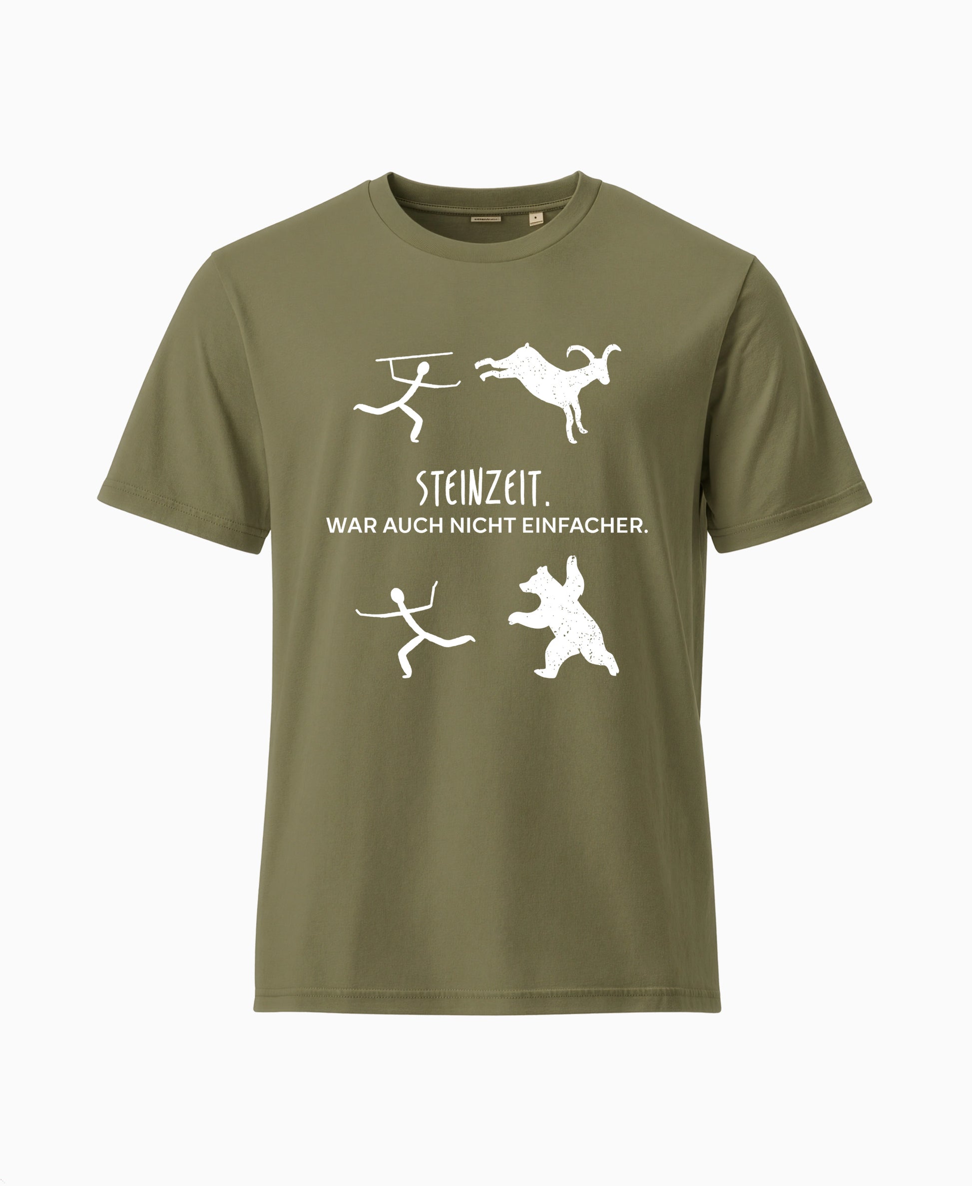 SCHÄFF Steinzeit war auch nicht einfacher Bio T-Shirt in Farbe Khakigrün, mit lustigen Zeichnungen einer Höhlenmalerei