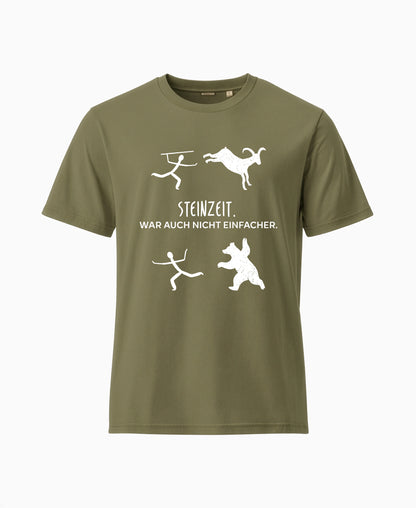 SCHÄFF Steinzeit war auch nicht einfacher Bio T-Shirt in Farbe Khakigrün, mit lustigen Zeichnungen einer Höhlenmalerei