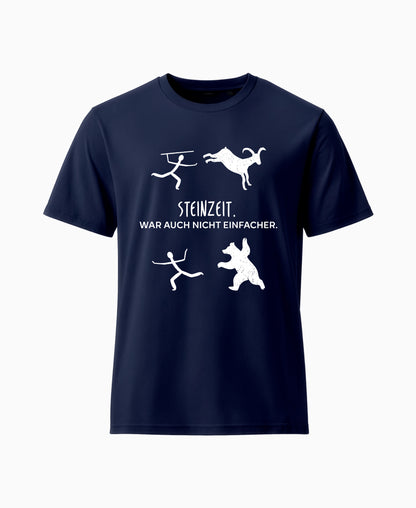 SCHÄFF Steinzeit war auch nicht einfacher Bio T-Shirt in Farbe French Navy, mit lustigen Zeichnungen einer Höhlenmalerei