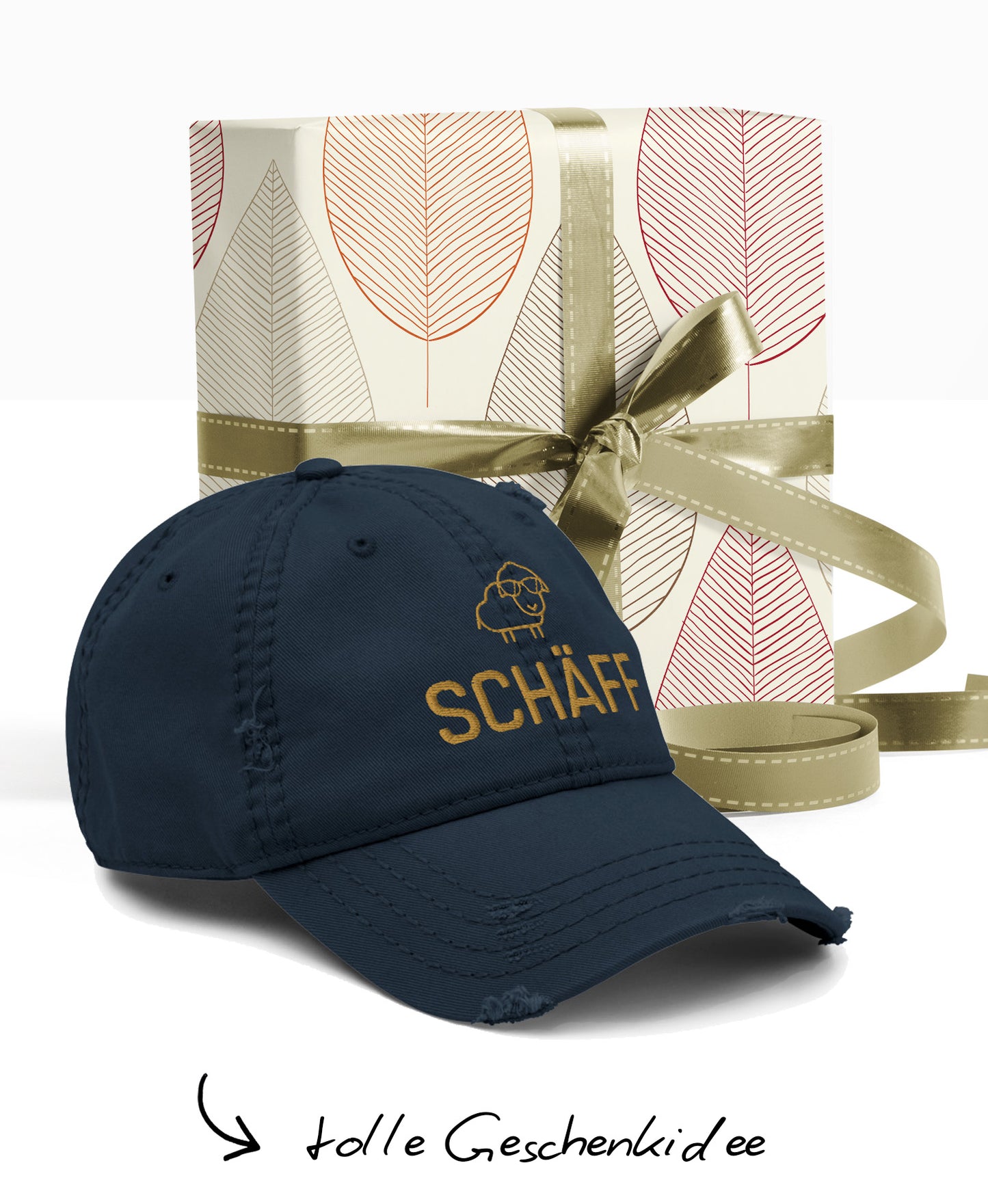 Schäff Kappe mit SCHÄFF Stick und kleinem Schaf-Icon im Used-Look; Hinweis Text: ‚tolle Geschenkidee’.