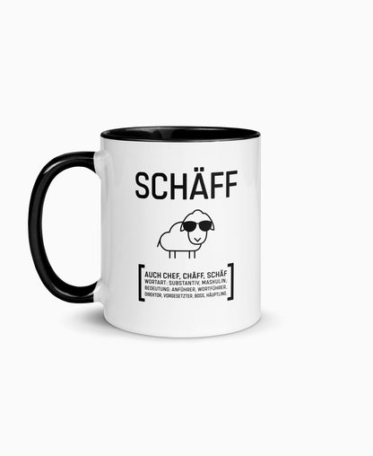 Weiße Keramiktasse mit schwarzer Innenseite und SCHÄFF Motiv – witziges Geschenk für den Chef.
