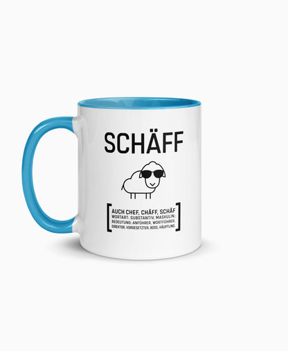 Weiße Keramiktasse mit blauer Innenseite und SCHÄFF Motiv – witziges Geschenk für den Chef.