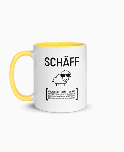Weiße Keramiktasse mit gelber Innenseite und SCHÄFF Motiv – witziges Geschenk für den Chef.