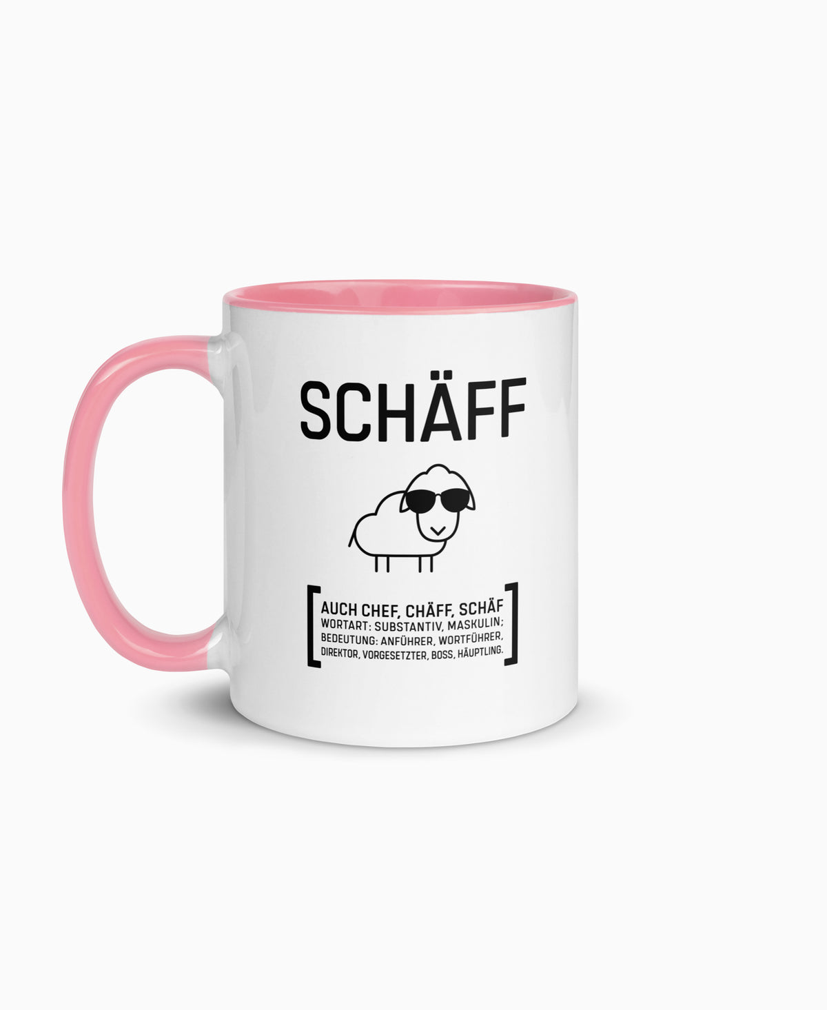 Weiße Keramiktasse mit rosa Innenseite und SCHÄFF Motiv – witziges Geschenk für den Chef.