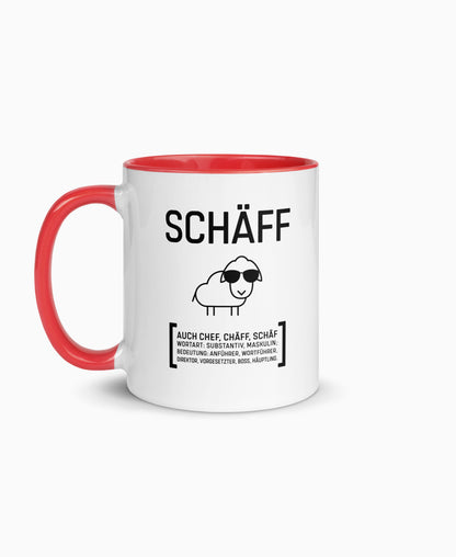 Weiße Keramiktasse mit roter Innenseite und SCHÄFF Motiv – witziges Geschenk für den Chef.