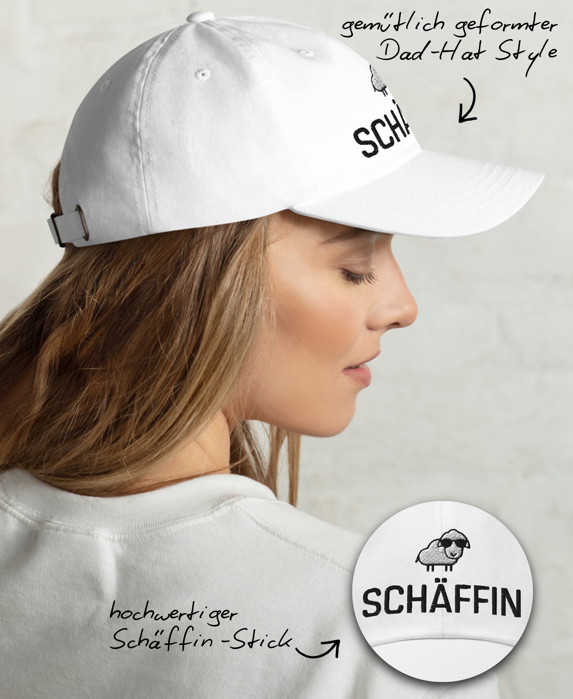 Frau mit weißem Schäffin Dad-Hat in Seitenansicht; Cap mit hochwertigem SCHÄFFIN-Stick und gemütlicher Dad-Hat-Form.