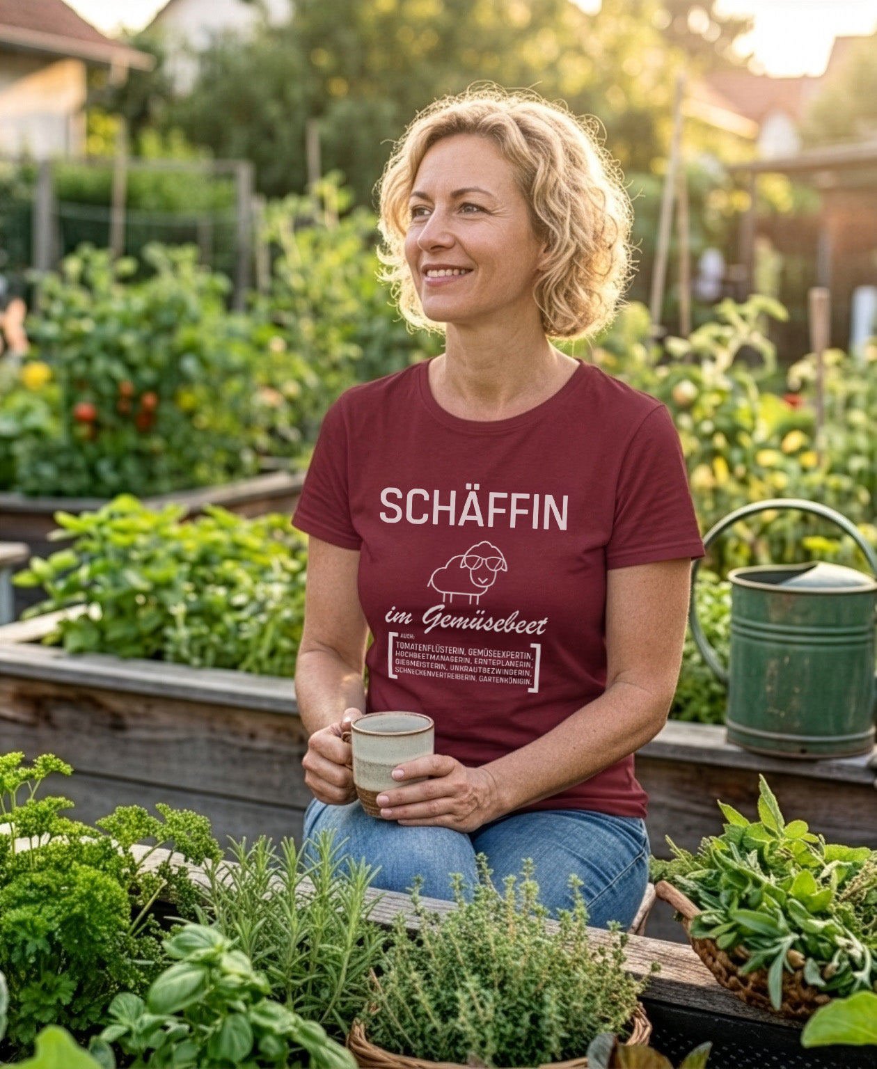 Frau trägt burgundy SCHÄFFIN T-Shirt im Garten zwischen Kräutern und Gemüsebeeten.