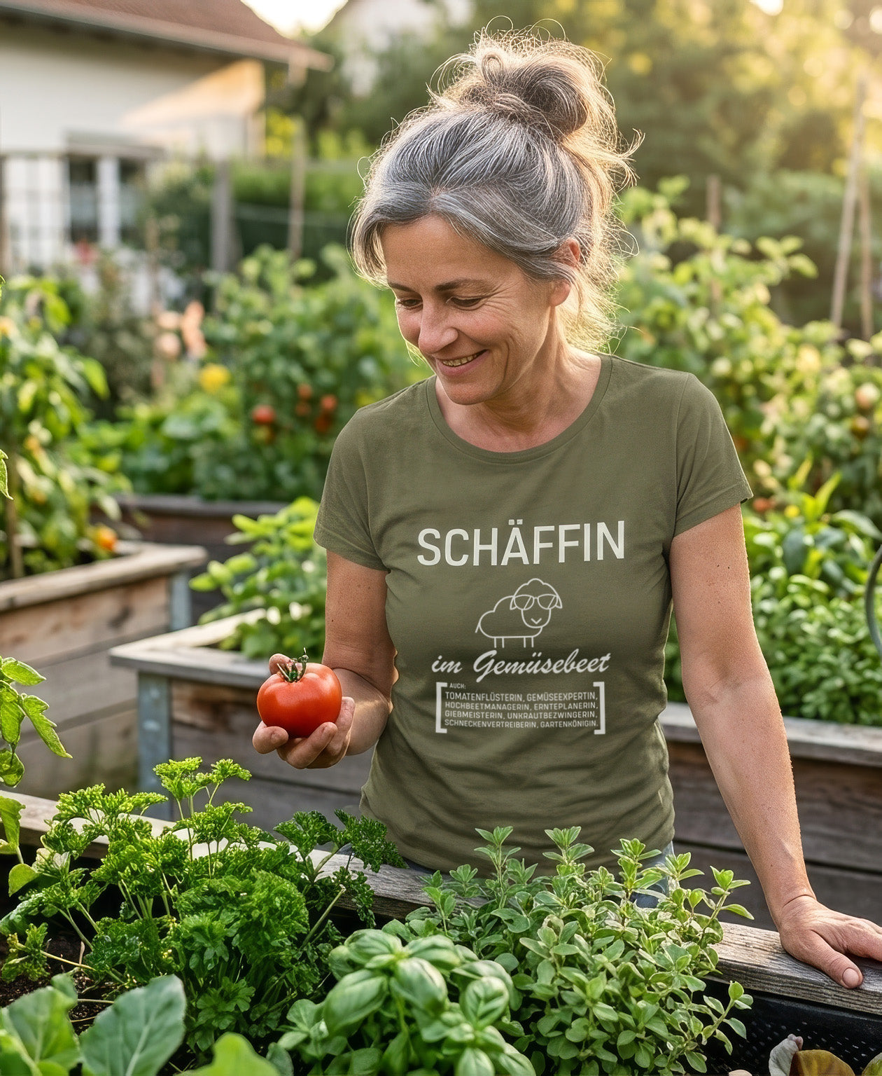 Gärtnerin trägt khakigrünes SCHÄFFIN T-Shirt im Gemüsebeet und hält eine reife Tomate in der Hand.