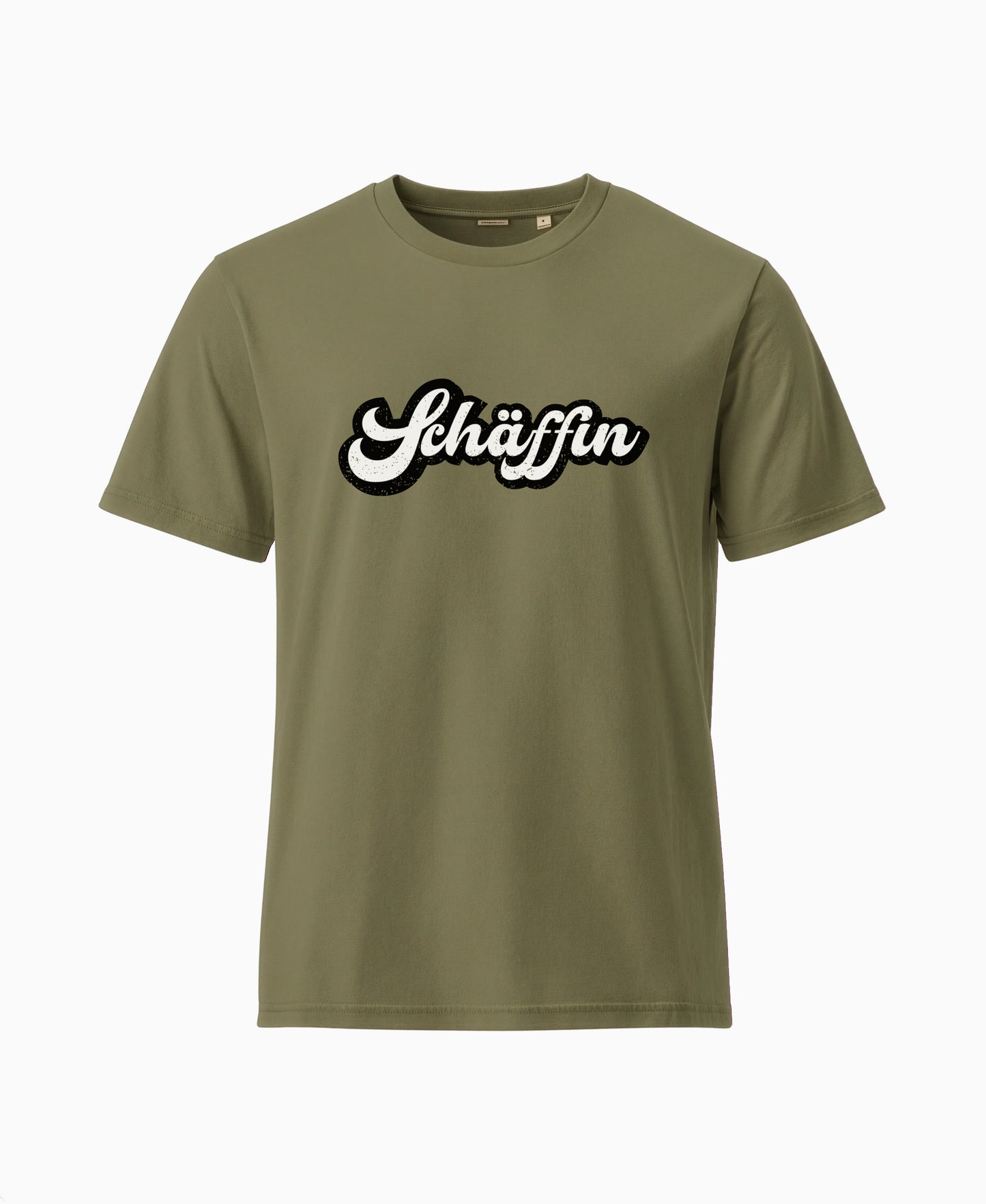 SCHÄFFIN Retro Schriftzug T-Shirt in der Farbe Khakigrün aus Bio-Baumwolle