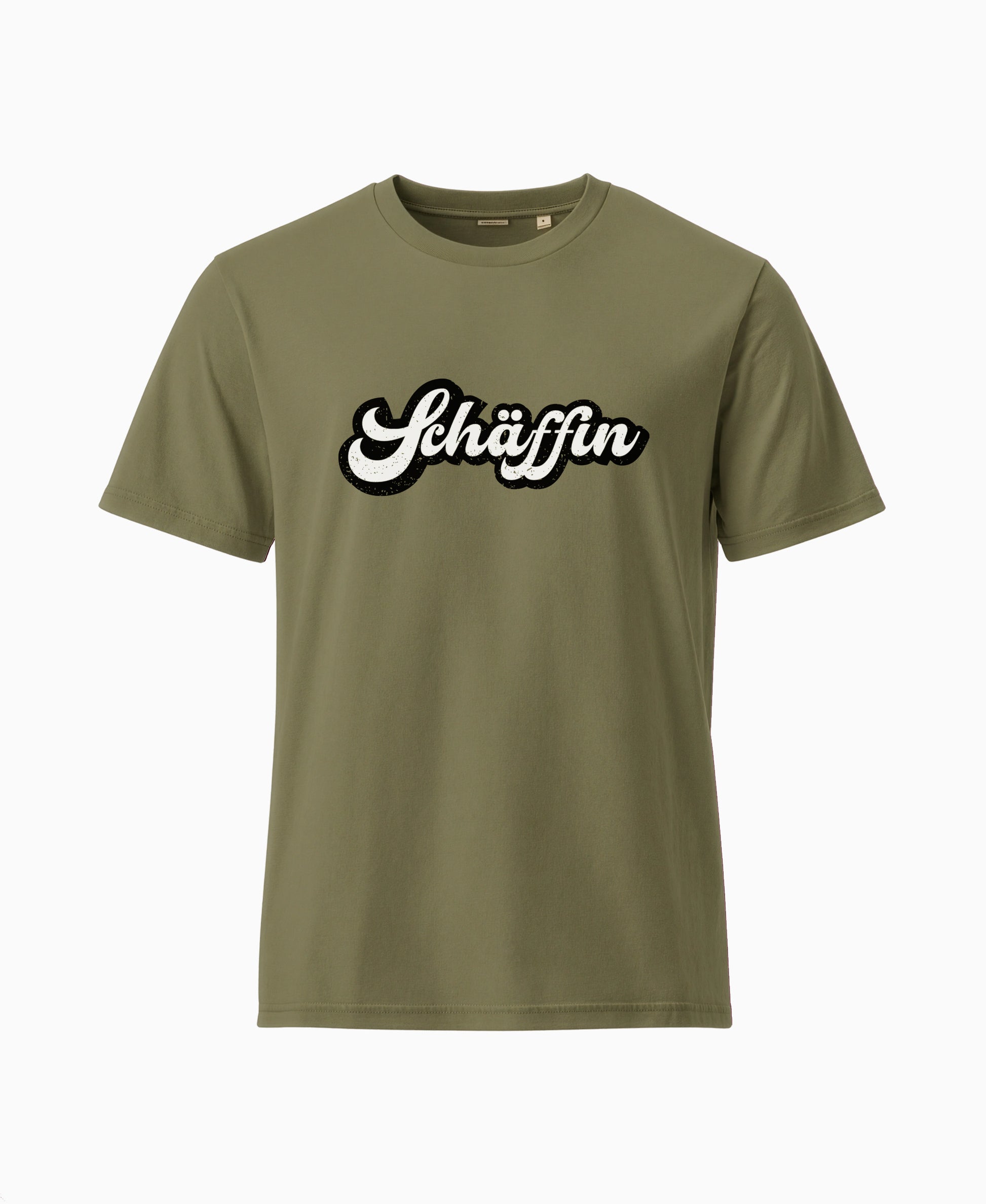 SCHÄFFIN Retro Schriftzug T-Shirt in der Farbe Khakigrün aus Bio-Baumwolle