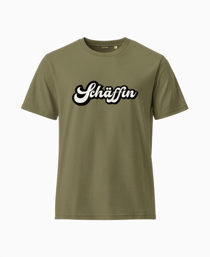 SCHÄFFIN Retro Schriftzug T-Shirt in der Farbe Khakigrün aus Bio-Baumwolle