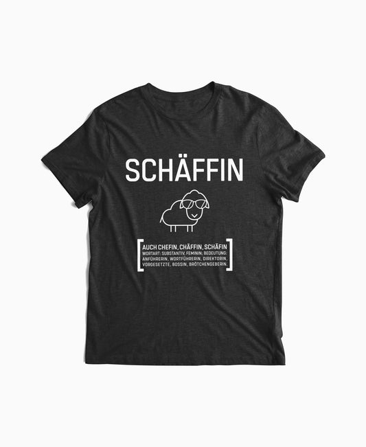 Schwarzes T-Shirt für Damen mit Schäffin Schaf-Motiv und Sonnenbrille – lustiger Fun-Spruch für Chefin oder Teamleiterin