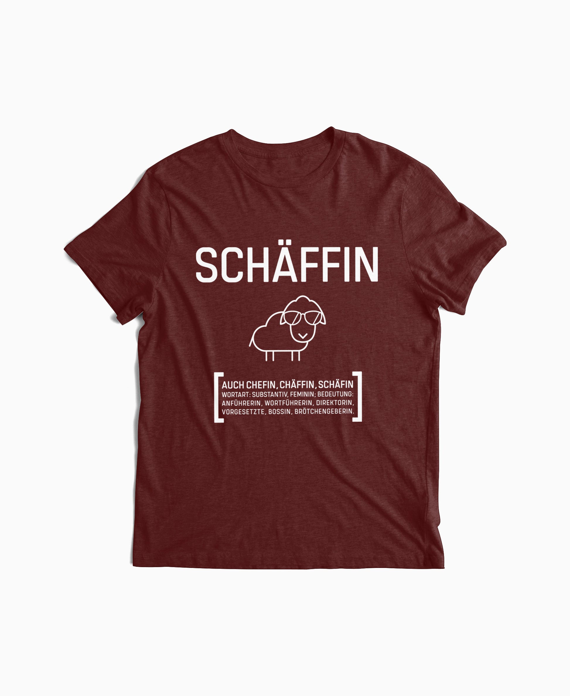 Rot-maroon Damen T-Shirt mit Schäffin Motiv: Schaf mit Sonnenbrille – lustiges Geschenk für Chefin, Arbeitgeberin oder Führungskraft