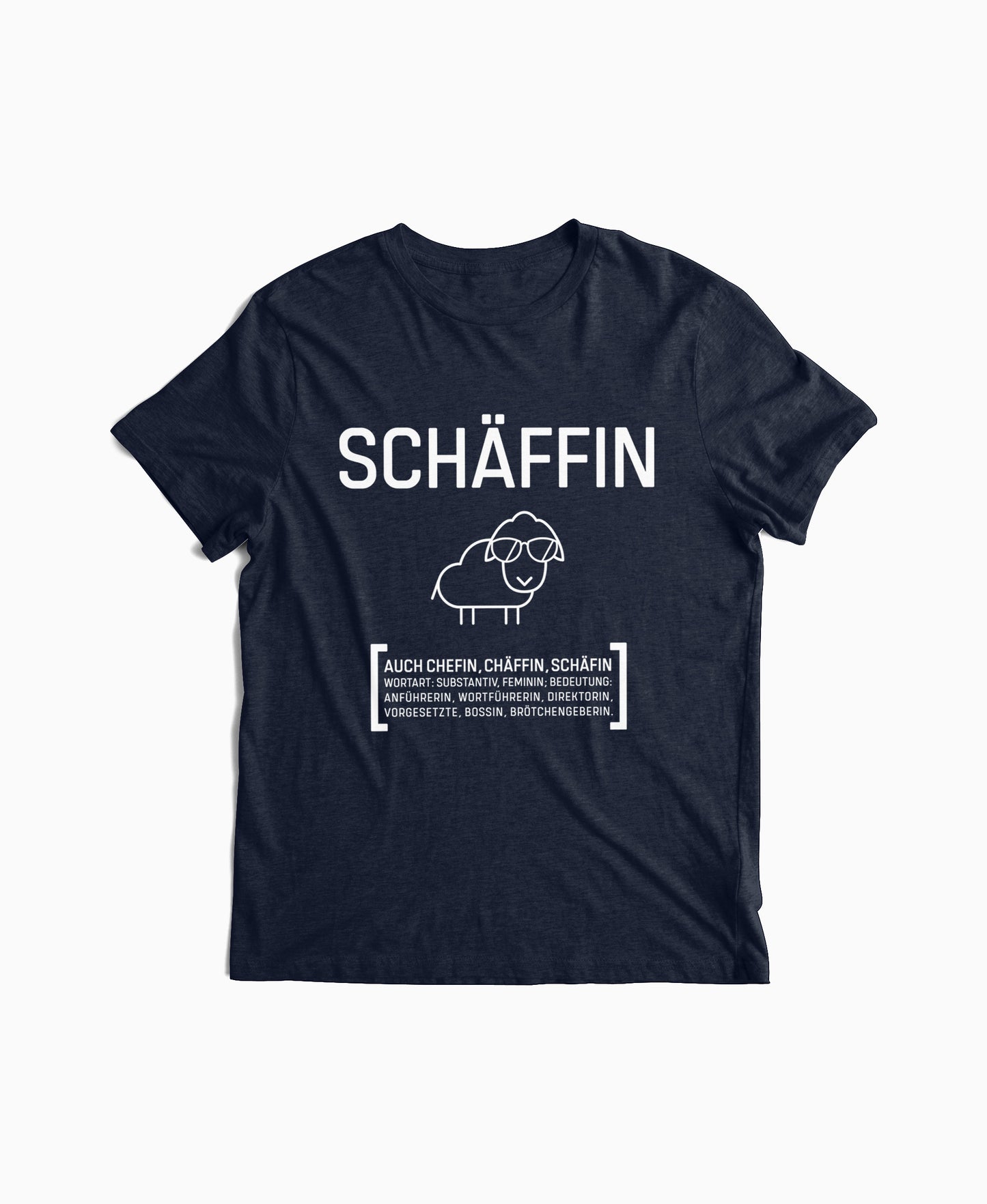 Navyblaues T-Shirt mit Schäffin Schaf-Motiv und Sonnenbrille – witziger Wortwitz für Chefin, Direktorin oder Managerin.