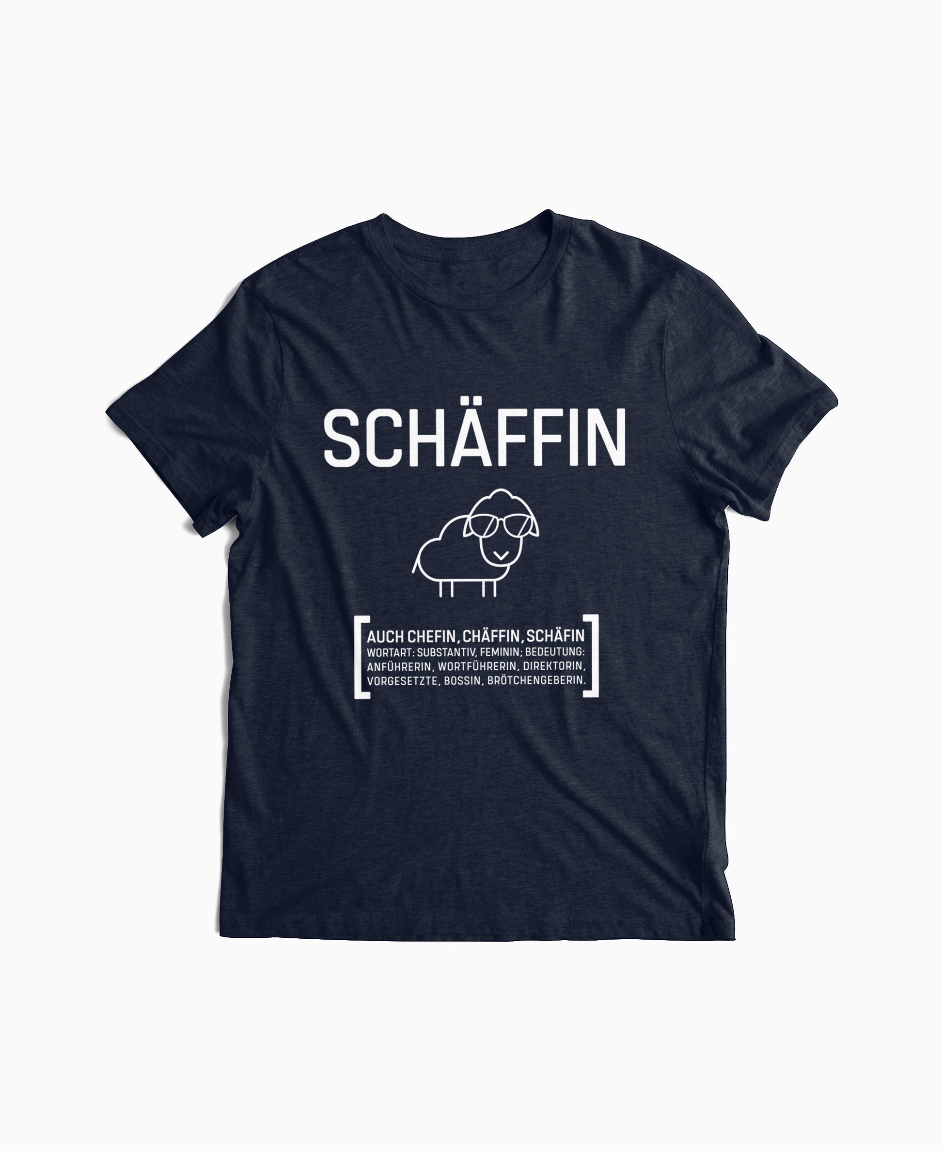 Navyblaues T-Shirt mit Schäffin Schaf-Motiv und Sonnenbrille – witziger Wortwitz für Chefin, Direktorin oder Managerin.