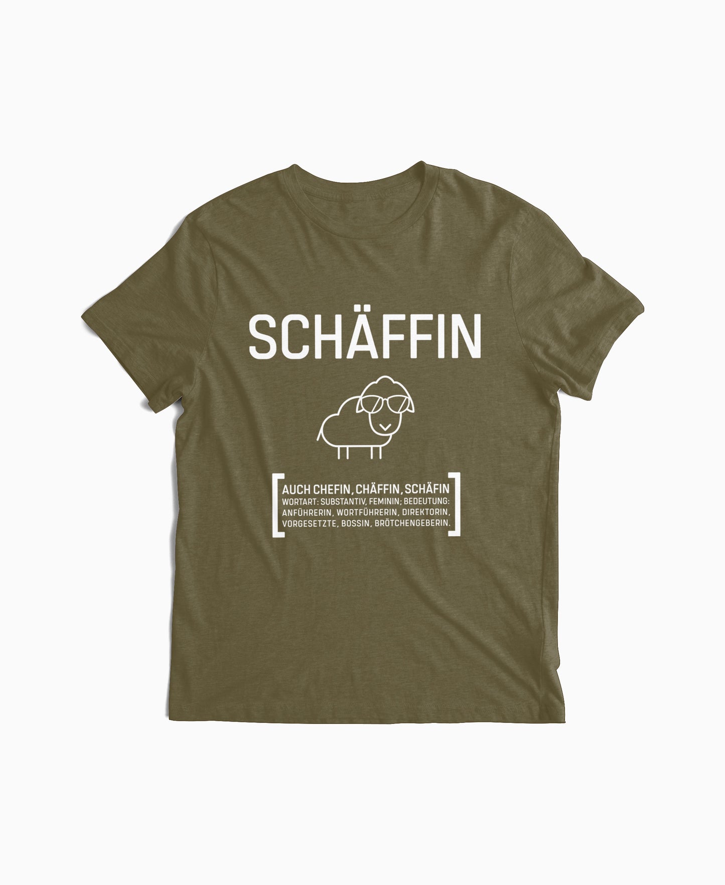 Olivgrünes Damen T-Shirt mit Schäffin Schaf-Motiv und Sonnenbrille – perfektes Geschenk für humorvolle Chefin oder Bossin.