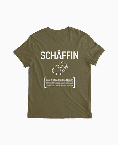Olivgrünes Damen T-Shirt mit Schäffin Schaf-Motiv und Sonnenbrille – perfektes Geschenk für humorvolle Chefin oder Bossin.