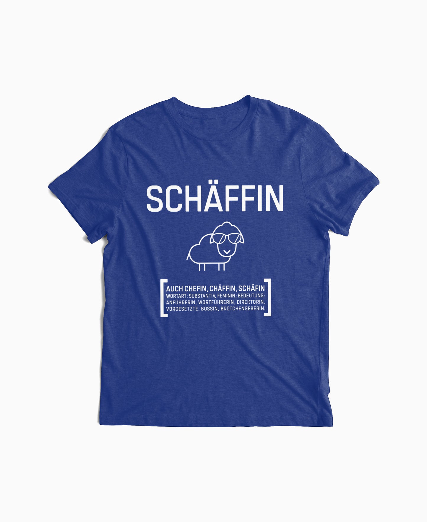 Royalblaues Damen T-Shirt mit Schäffin Schaf-Motiv und Sonnenbrille – humorvoller Fun-Spruch für Chefin oder Teamleiterin.