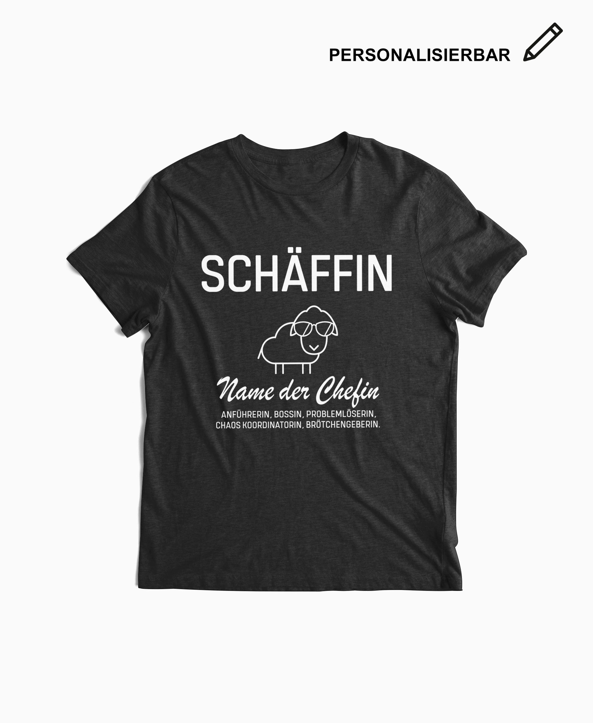 Schwarzes T-Shirt mit Schäffin Schaf-Motiv und personalisierbarem Text – humorvolles Geschenk für Chefin.