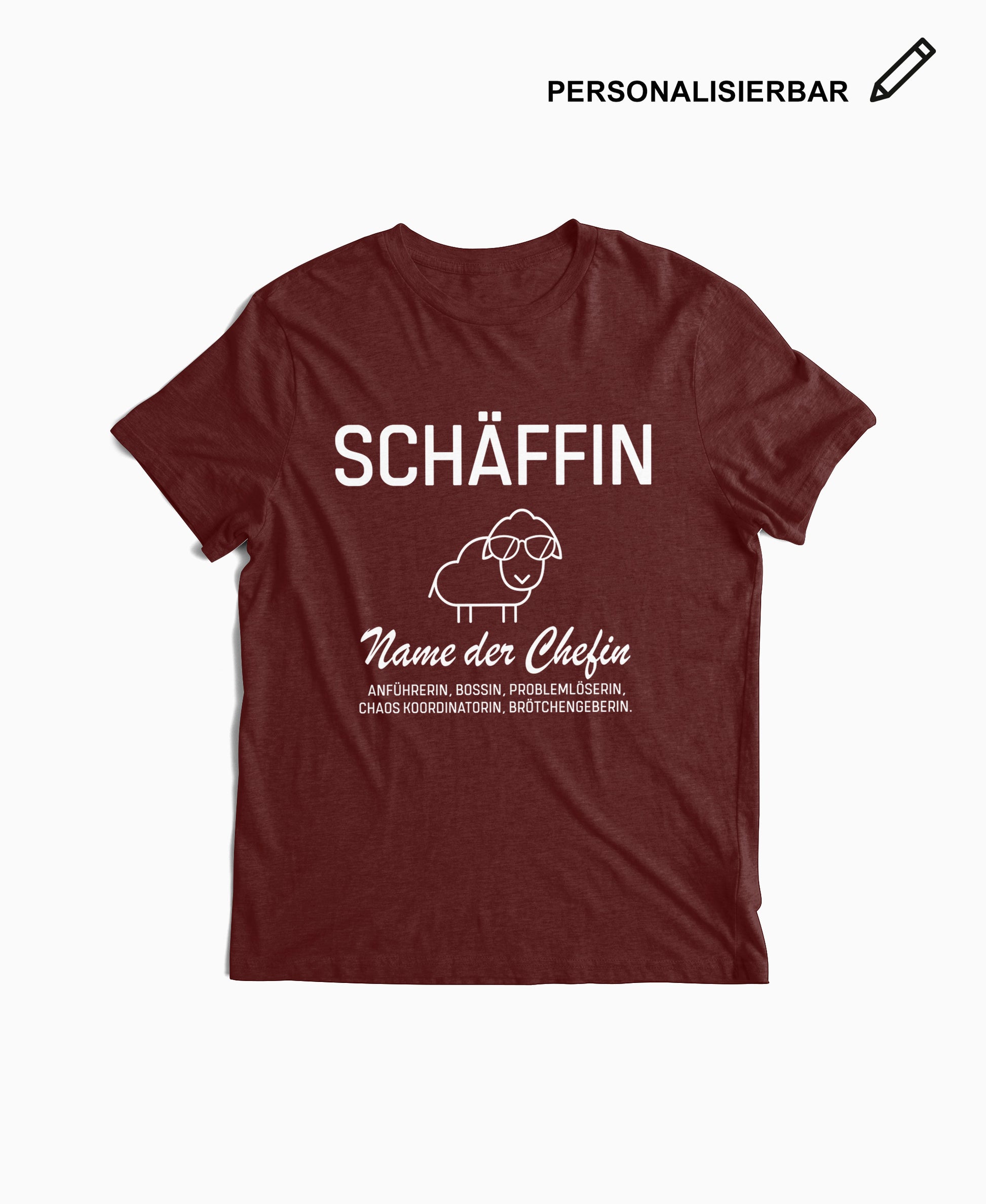 Dunkelrotes T-Shirt mit Schäffin Schaf-Motiv und personalisierbarem Text – humorvolles Shirt für Chefin.