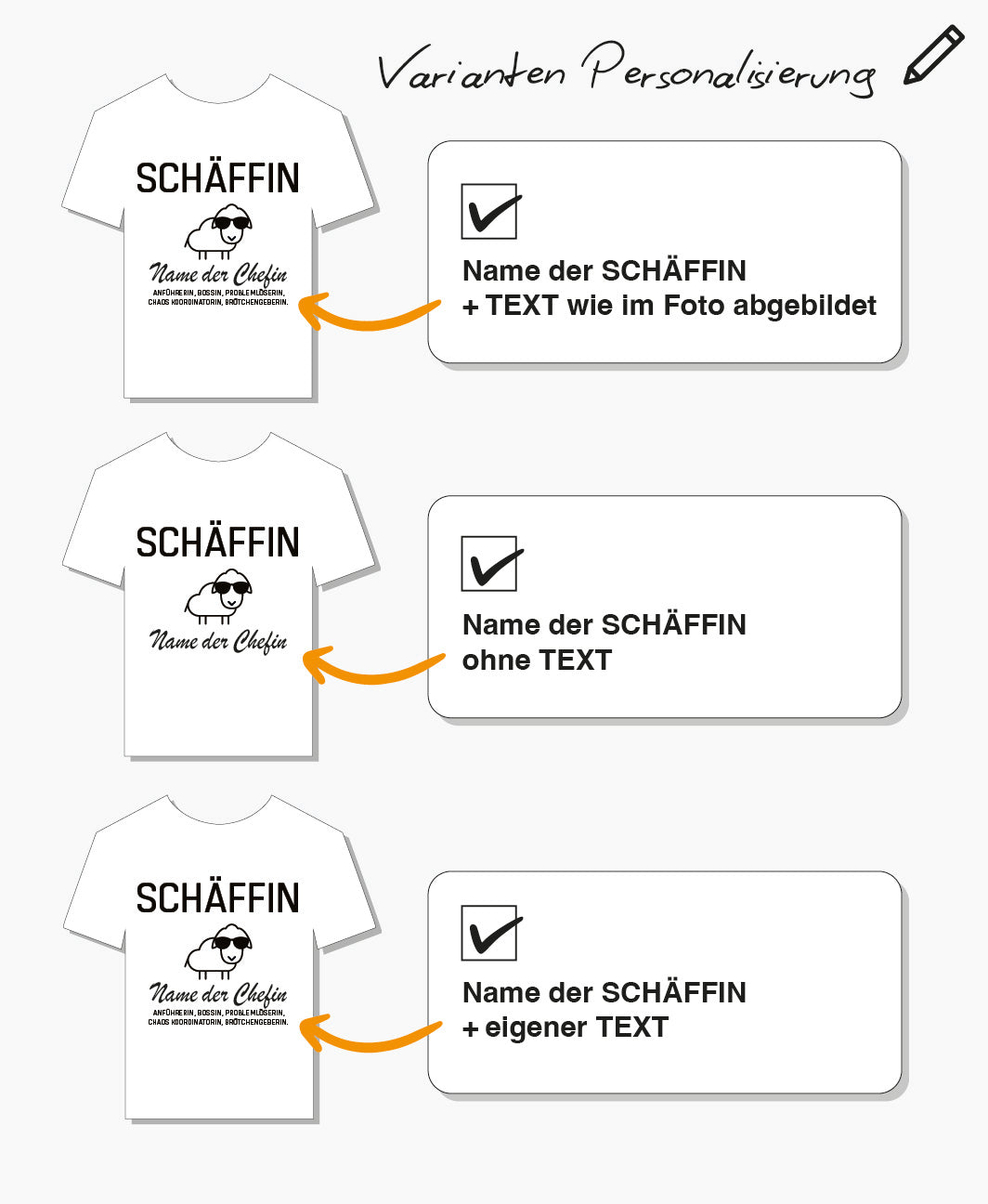 Grafik mit drei personalisierbaren Schäffin T-Shirt Varianten: Name + Text, nur Name, oder Name + eigener Text.