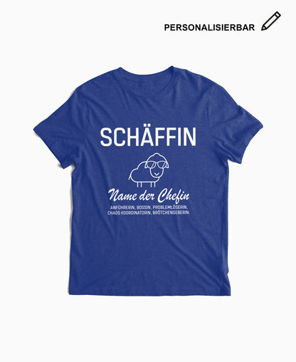 Royalblaues T-Shirt mit Schäffin Motiv und personalisierbarer Beschriftung – lustiges Geschenk für Chefin.