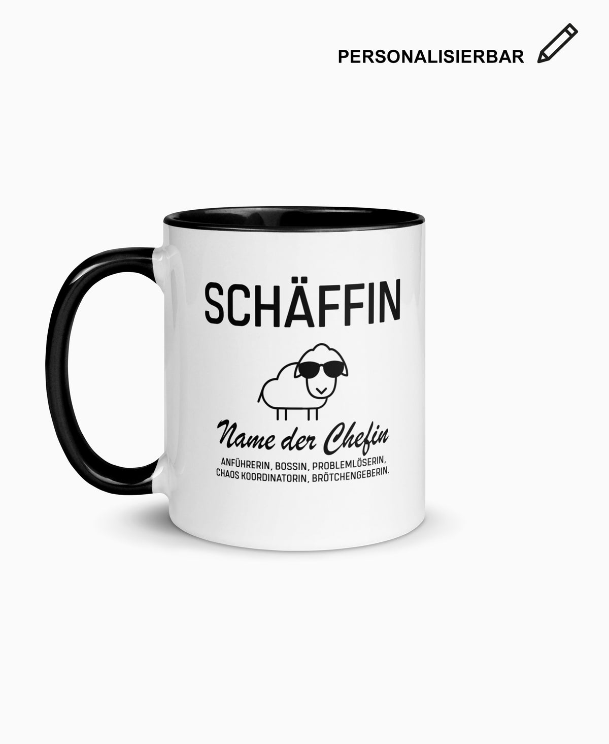Weiße Keramiktasse mit schwarzer Innenseite, SCHÄFFIN Motiv und Wunschtext – personalisierbares Geschenk für die Chefin.