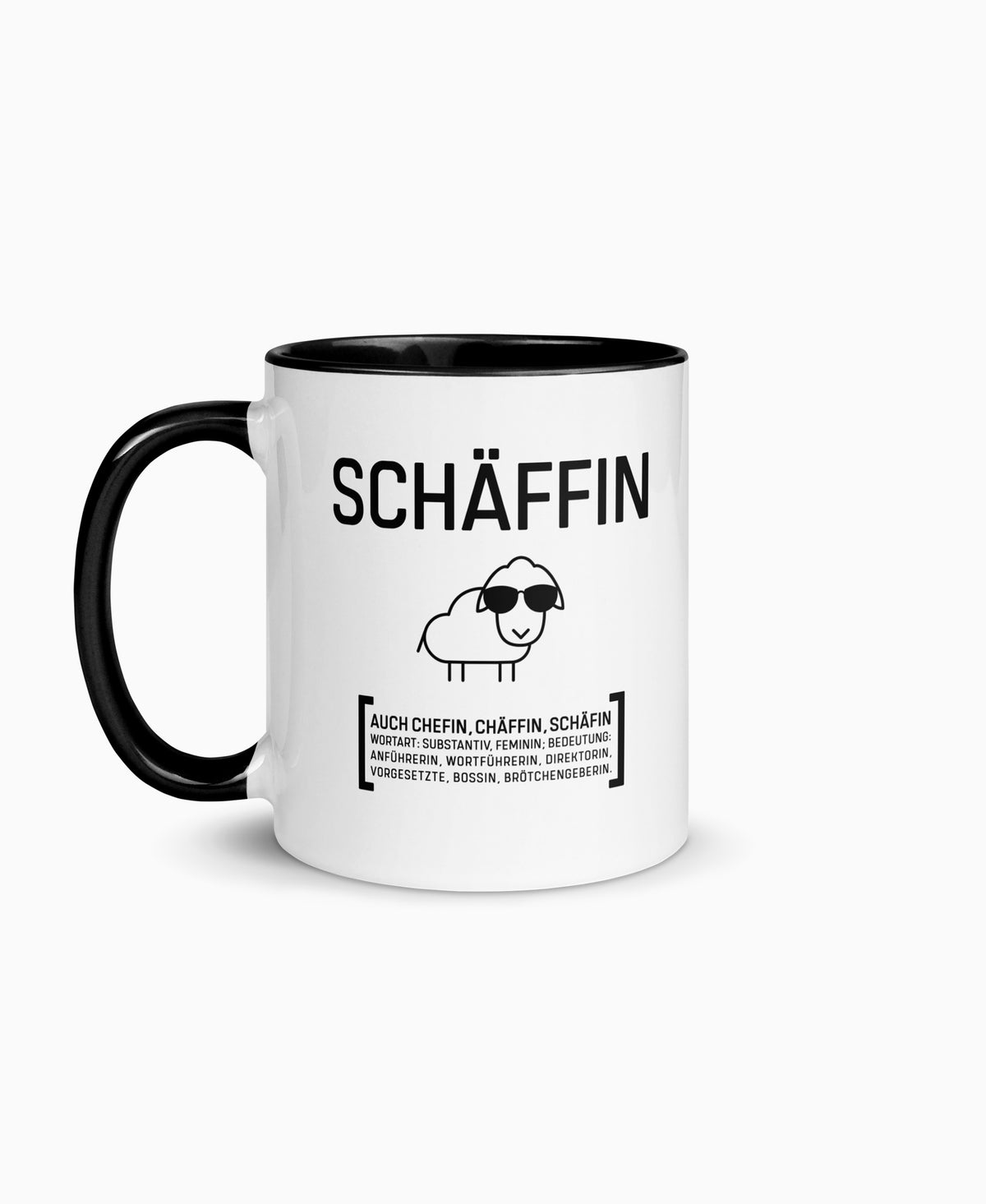 Weiße Keramiktasse mit schwarzer Innenseite und SCHÄFFIN Motiv – witziges Geschenk für die Chefin. 