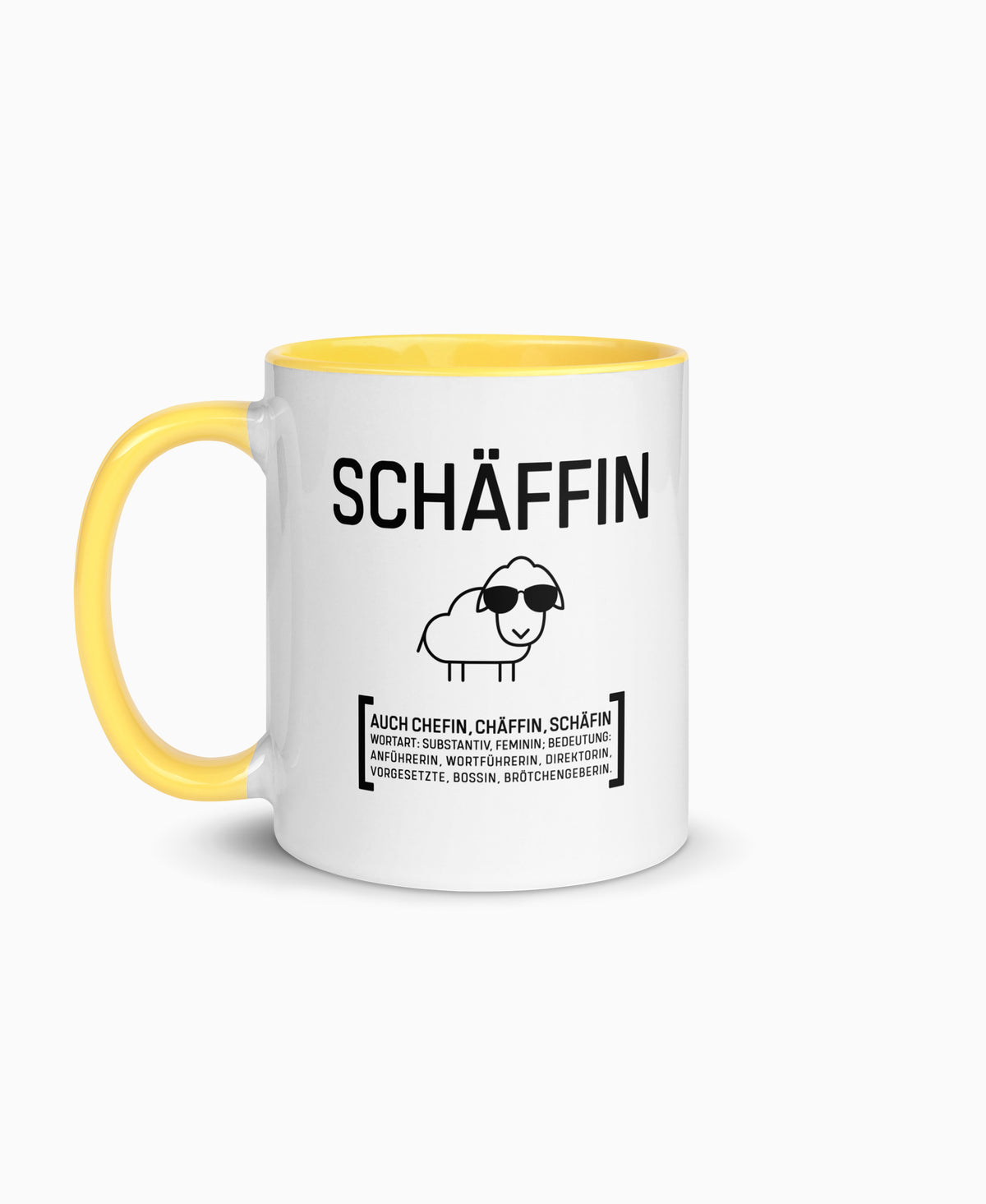 Weiße Keramiktasse mit gelber Innenseite und SCHÄFFIN Motiv – witziges Geschenk für die Chefin. 