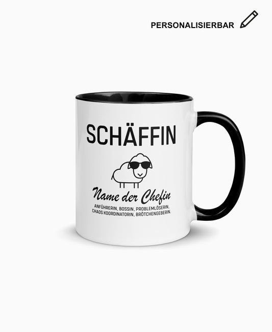 Weiße Keramiktasse mit schwarzer Innenseite, SCHÄFFIN Motiv und Wunschtext 