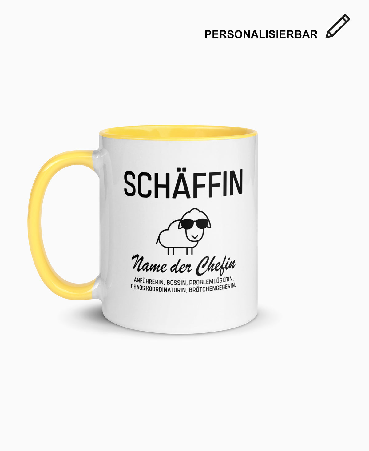 Weiße Keramiktasse mit gelber Innenseite, SCHÄFFIN Motiv und Wunschtext – personalisierbares Geschenk für die Chefin.