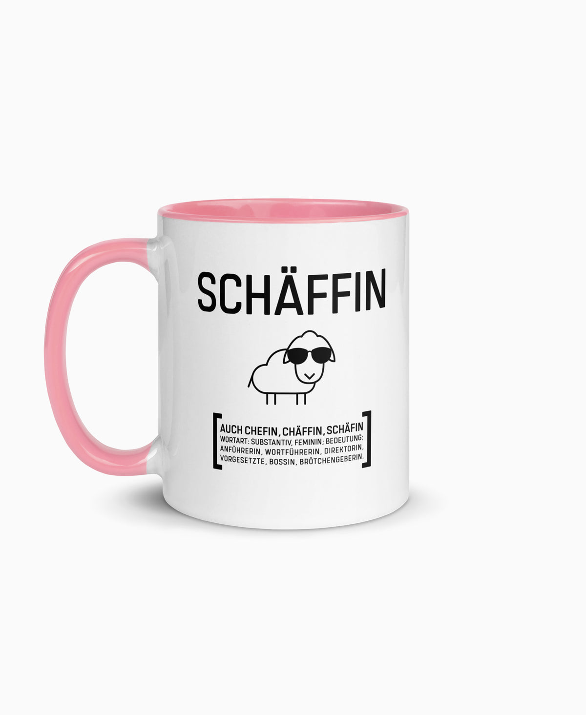 Weiße Keramiktasse mit rosafarbener Innenseite und SCHÄFFIN Motiv – witziges Geschenk für die Chefin. 