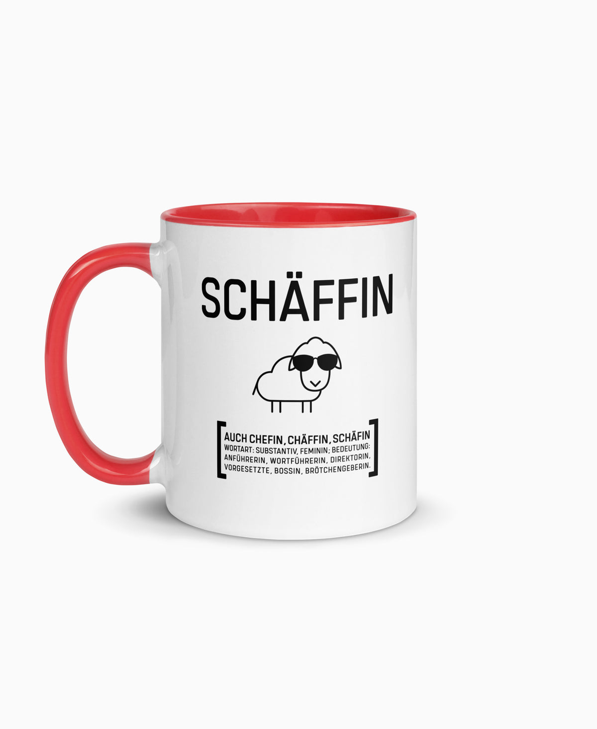 Weiße Keramiktasse mit roter Innenseite und SCHÄFFIN Motiv – witziges Geschenk für die Chefin. 