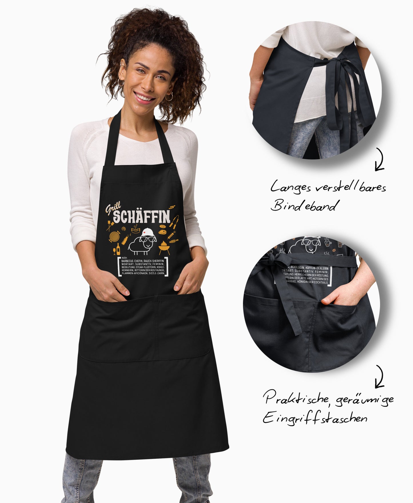 Produkt-Features der SCHÄFFIN Schürze am Model mit Detail-Ansichten für das lange verstellbare Bindeband und die praktischen, geräumigen Eingriffstaschen.