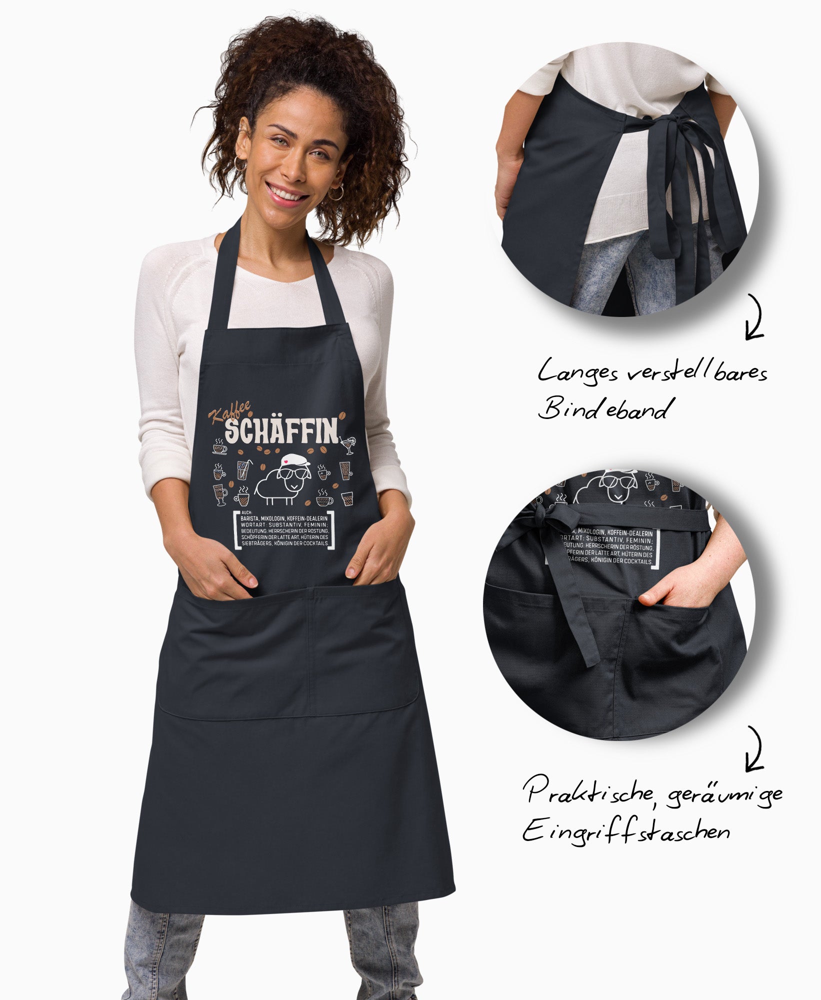 Produkt-Features der Kaffee SCHÄFFIN Schürze am Model mit Detail-Ansichten für das lange verstellbare Bindeband und die praktischen, geräumigen Eingriffstaschen.