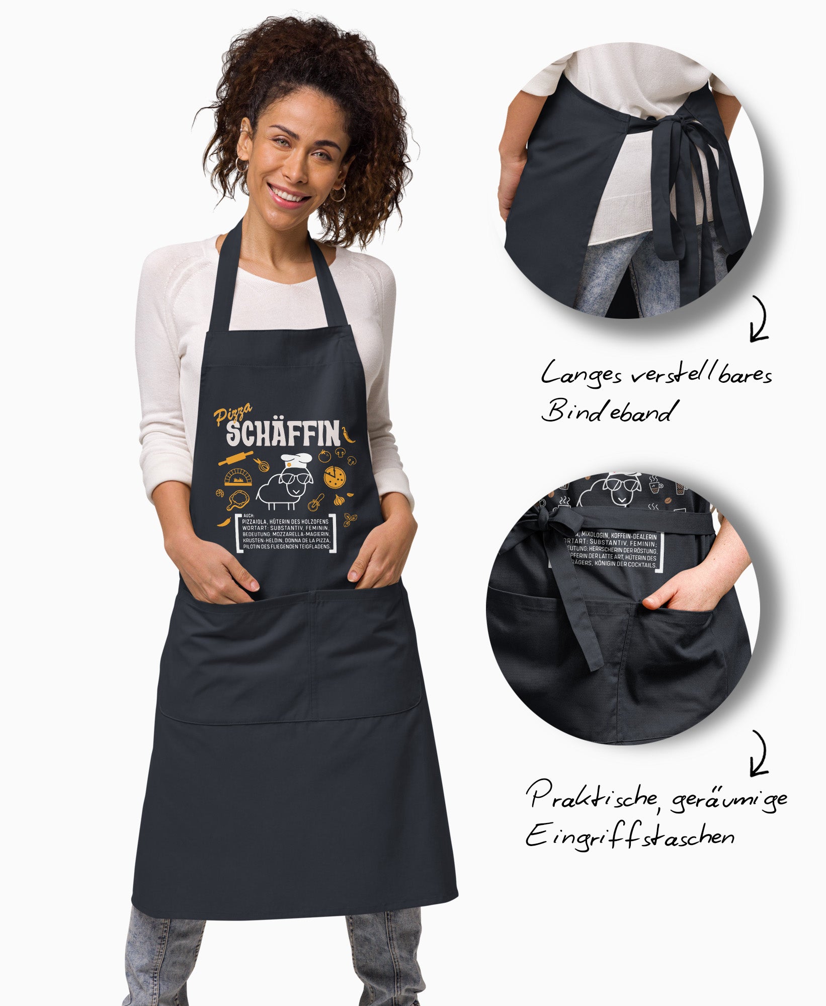 Produkt-Features der Pizza SCHÄFFIN Schürze am Model mit Detail-Ansichten für das lange verstellbare Bindeband und die praktischen, geräumigen Eingriffstaschen.