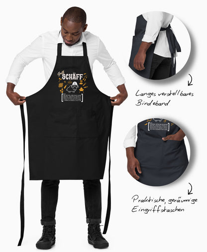 Produkt-Features der SCHÄFF Schürze am Model mit Detail-Ansichten für das lange verstellbare Bindeband und die praktischen, geräumigen Eingriffstaschen.
