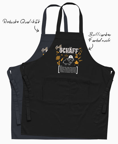 Qualitäts-Highlights der Grill SCHÄFF Schürze in Schwarz und Dunkelblau mit Hinweisen auf robuste Stoffqualität und brillanten Farbdruck.