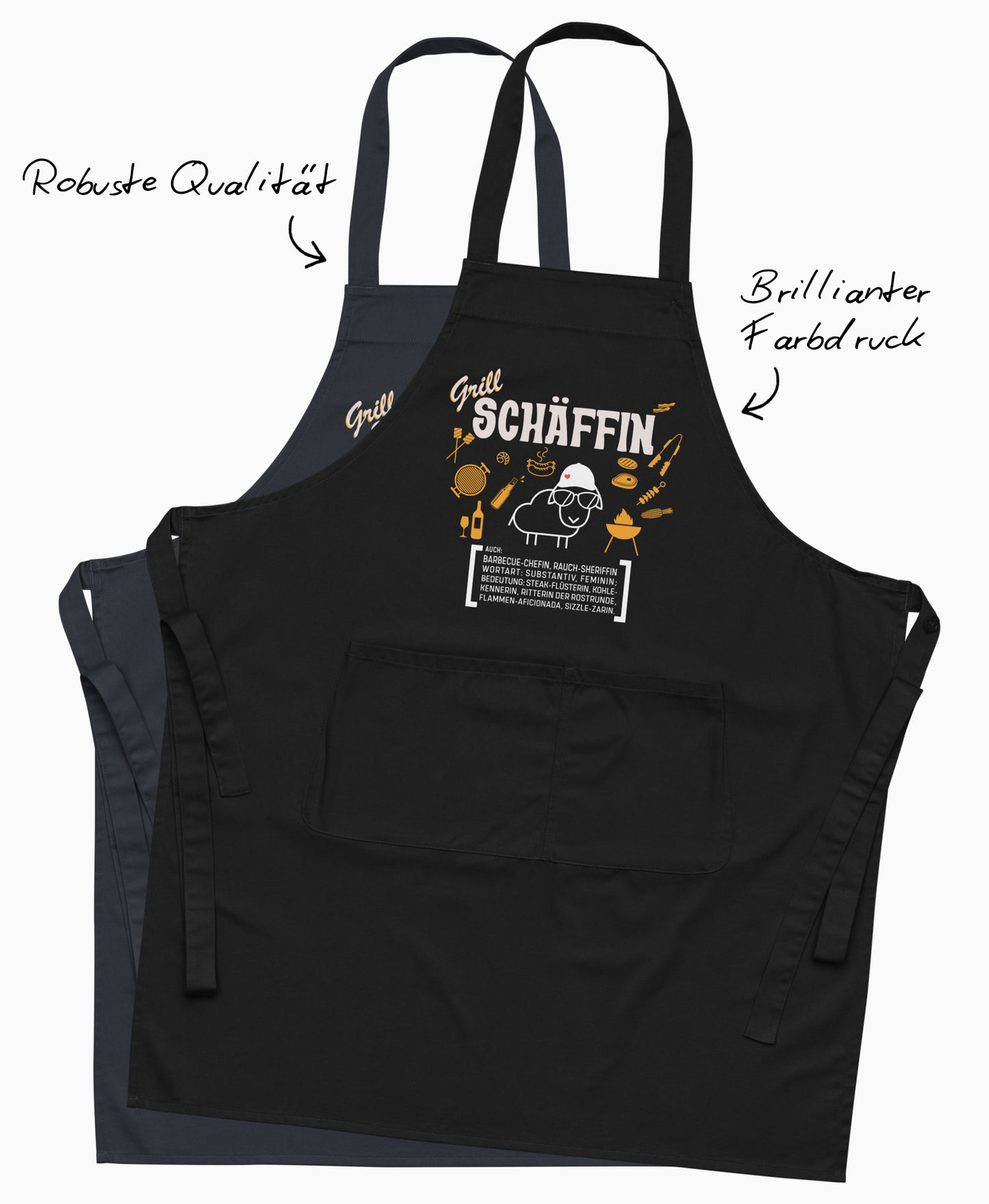 Qualitäts-Highlights der Grill SCHÄFFIN Schürze in Schwarz und Dunkelblau mit Hinweisen auf robuste Stoffqualität und brillanten Farbdruck.