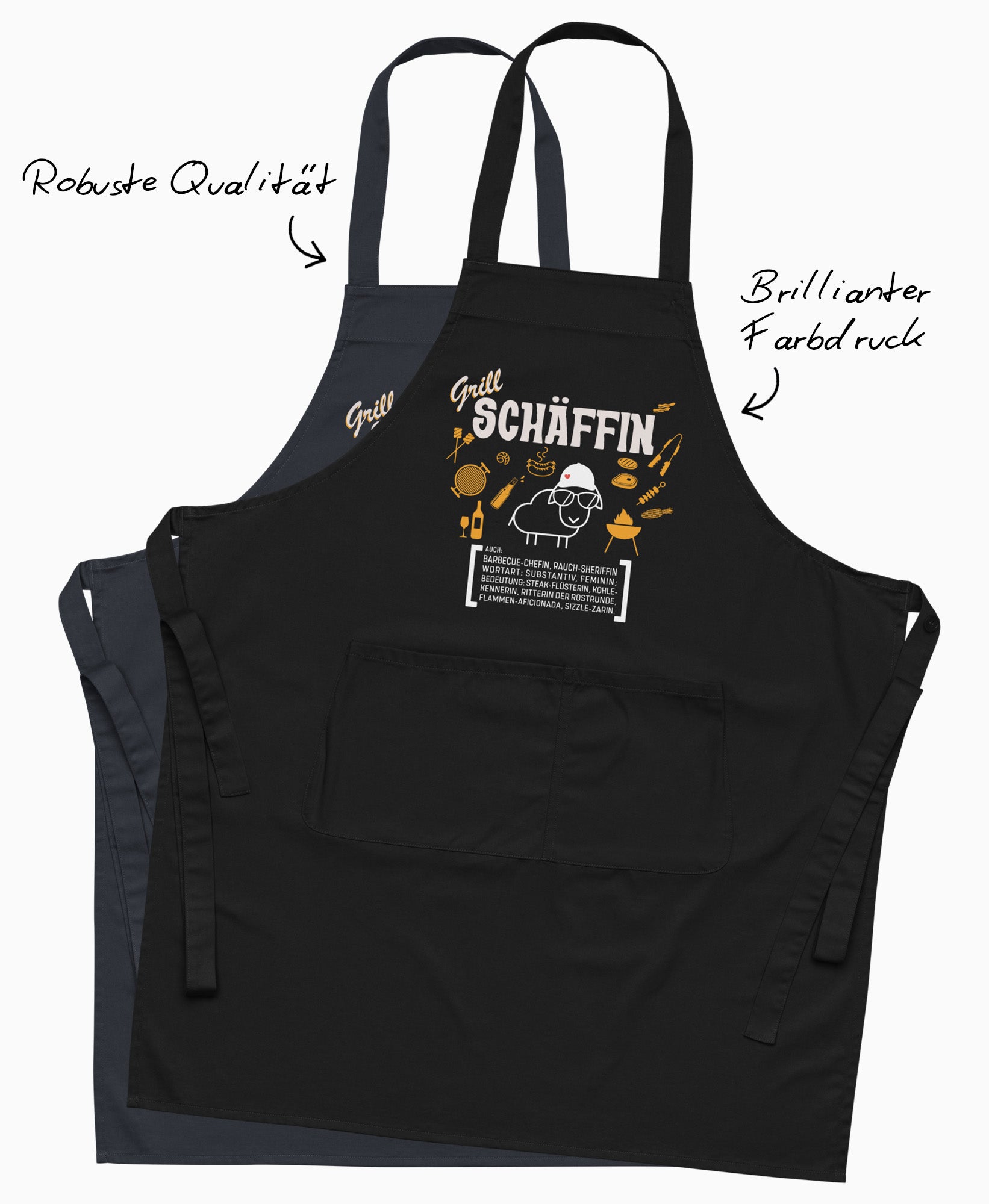 Qualitäts-Highlights der Grill SCHÄFFIN Schürze in Schwarz und Dunkelblau mit Hinweisen auf robuste Stoffqualität und brillanten Farbdruck.